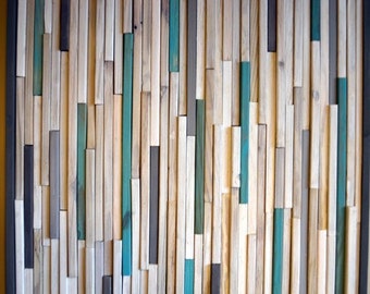 Wood Sculpture Wall Art - Skinny Rectangles - 24x24- White and turquoise