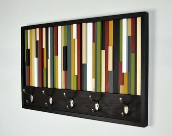 Coat Hooks - Reclaimed Wood Art - Abstract Painting on Wood - Coat Rack