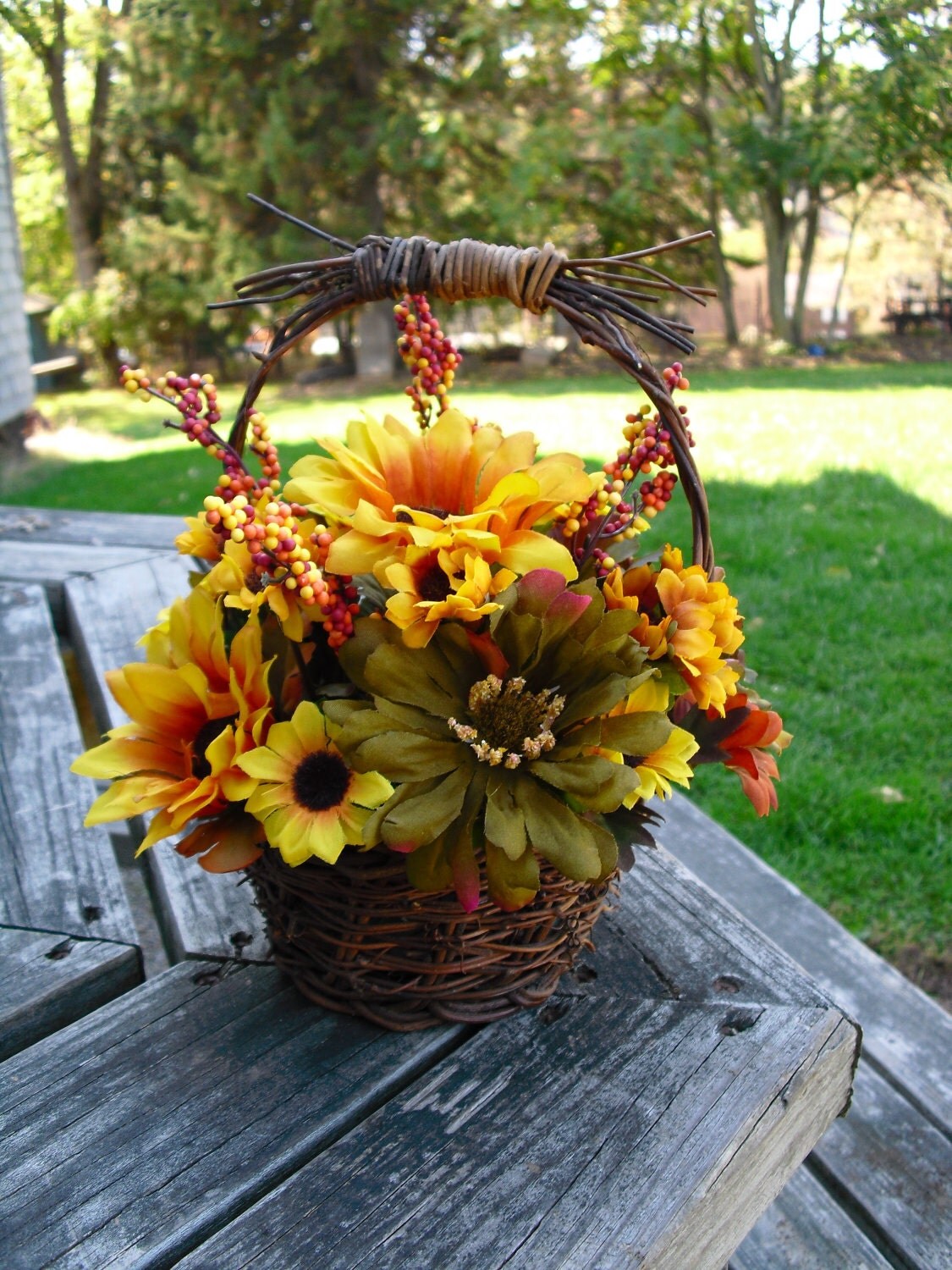 Fall Wicker Basket Floral Arrangement with sunflowers