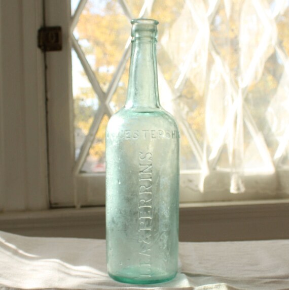 Awesome Shabby Antique AQUA Lea & Perrins Bottle late