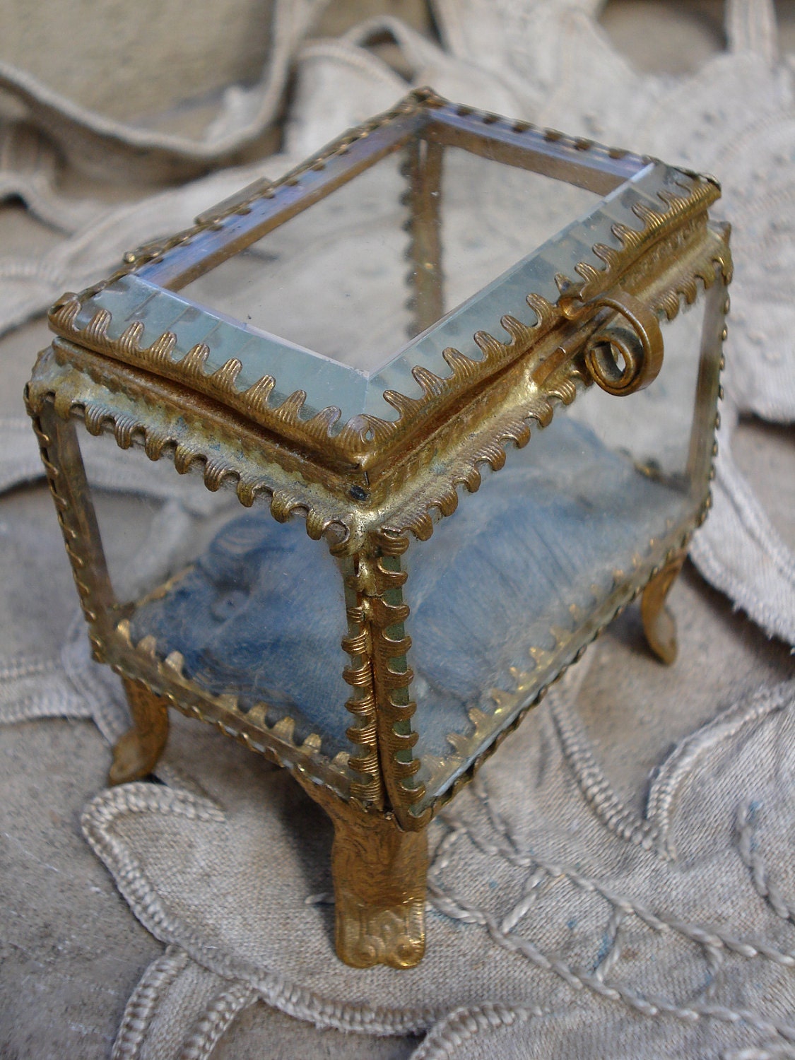 Antique Glass Jewelry Box Trinket Blue Silk Lining 4626