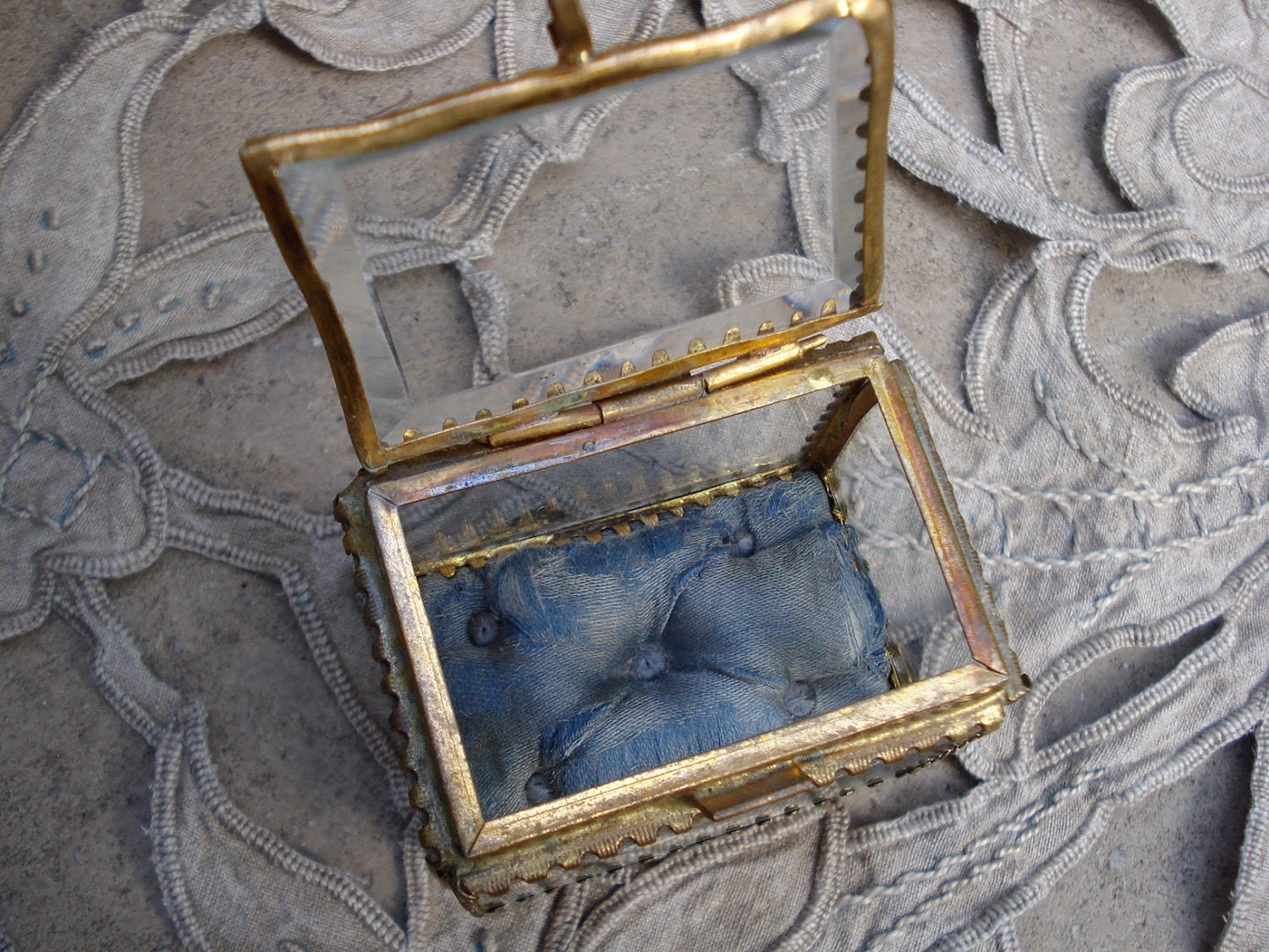 Antique Glass Jewelry Box Trinket Blue Silk Lining By Sissidavril 0393