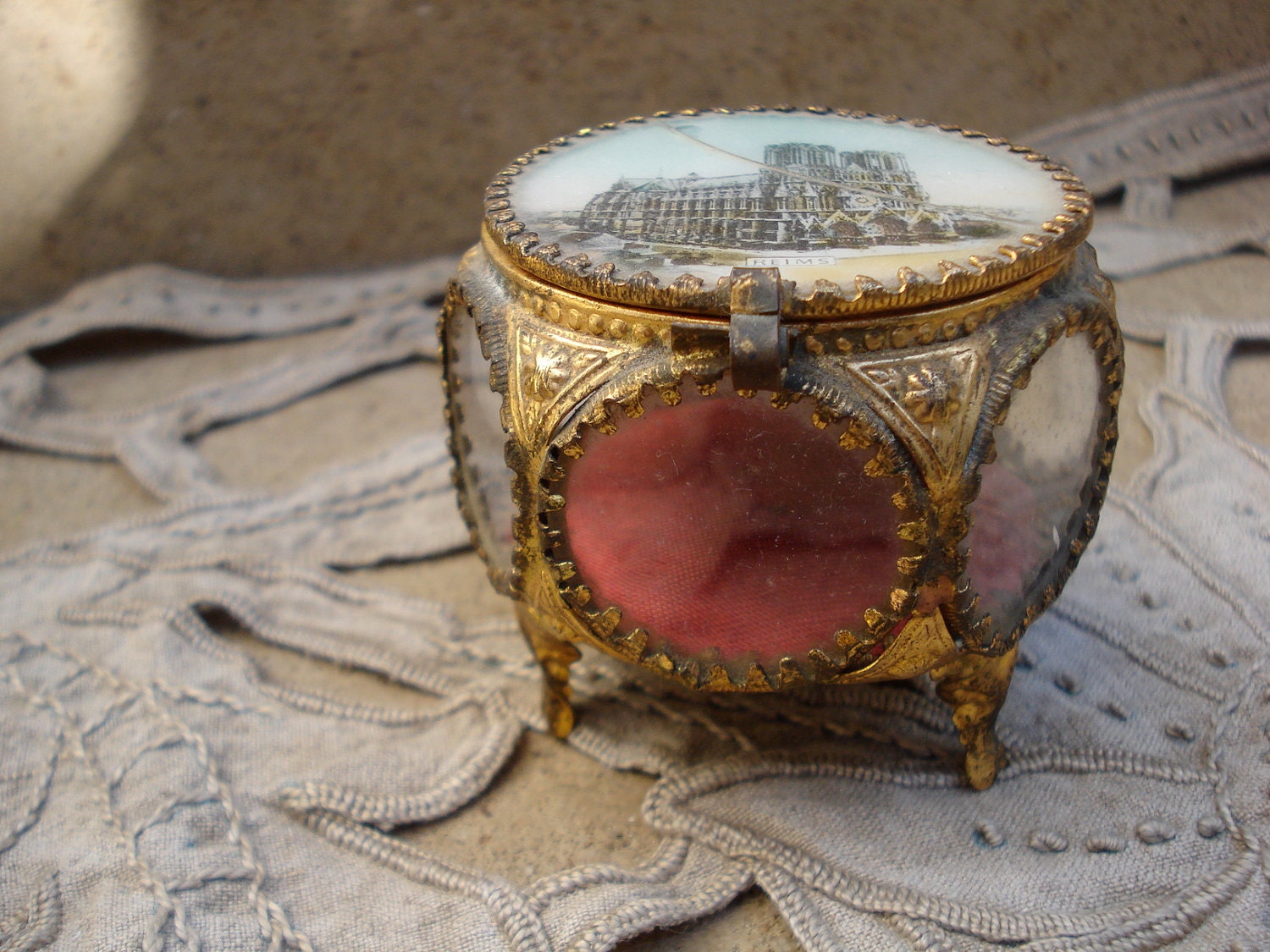 antique glass jewelry box trinket red silk lining Reims