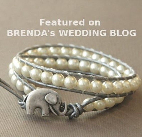 Silver and Cream... GOOD LUCK ELEPHANT leather wrap bracelet