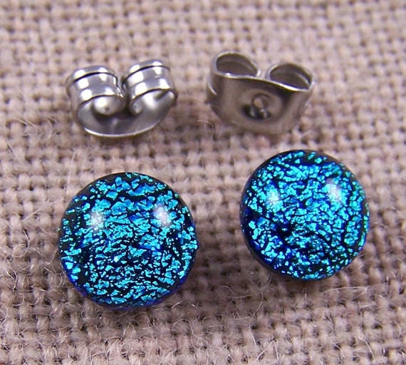 Tiny Dichroic Post Earrings 1/4 6mm 7mm Teal by HaydenBrook