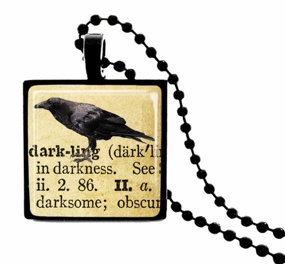 Darkling Definition METAL FRAMED Crow Glass Tile Necklace