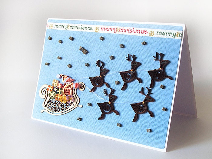 Quilled Christmas Card Santa Sleigh Reindeer quilling