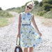 VTG 50s Blue and Green Floral Dress w/ Pleated Skirt XS/S
