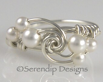 Sterling Silver White Pearl Twist Ring, Wedding White Pearl Ring, Bridal White Pearl Cluster Ring, Custom Pearl Ring ,Argentium Silver Ring
