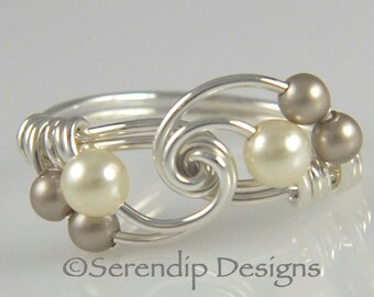 Wire Wrapped Silver Pearl Cluster Ring, Argentium Sterling Silver Swarovski Crystal Pearls, Cream and Platinum Twist Ring, Custom Pearl Ring