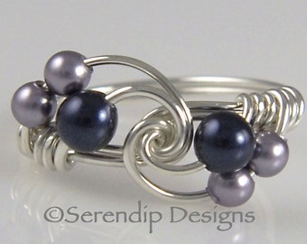 Silver Pearl Cluster Ring, Argentium Sterling Silver Dark Blue and Mauve Swarovski Pearls, Custom Silver Pearl Twist Ring, Multi Pearl Ring