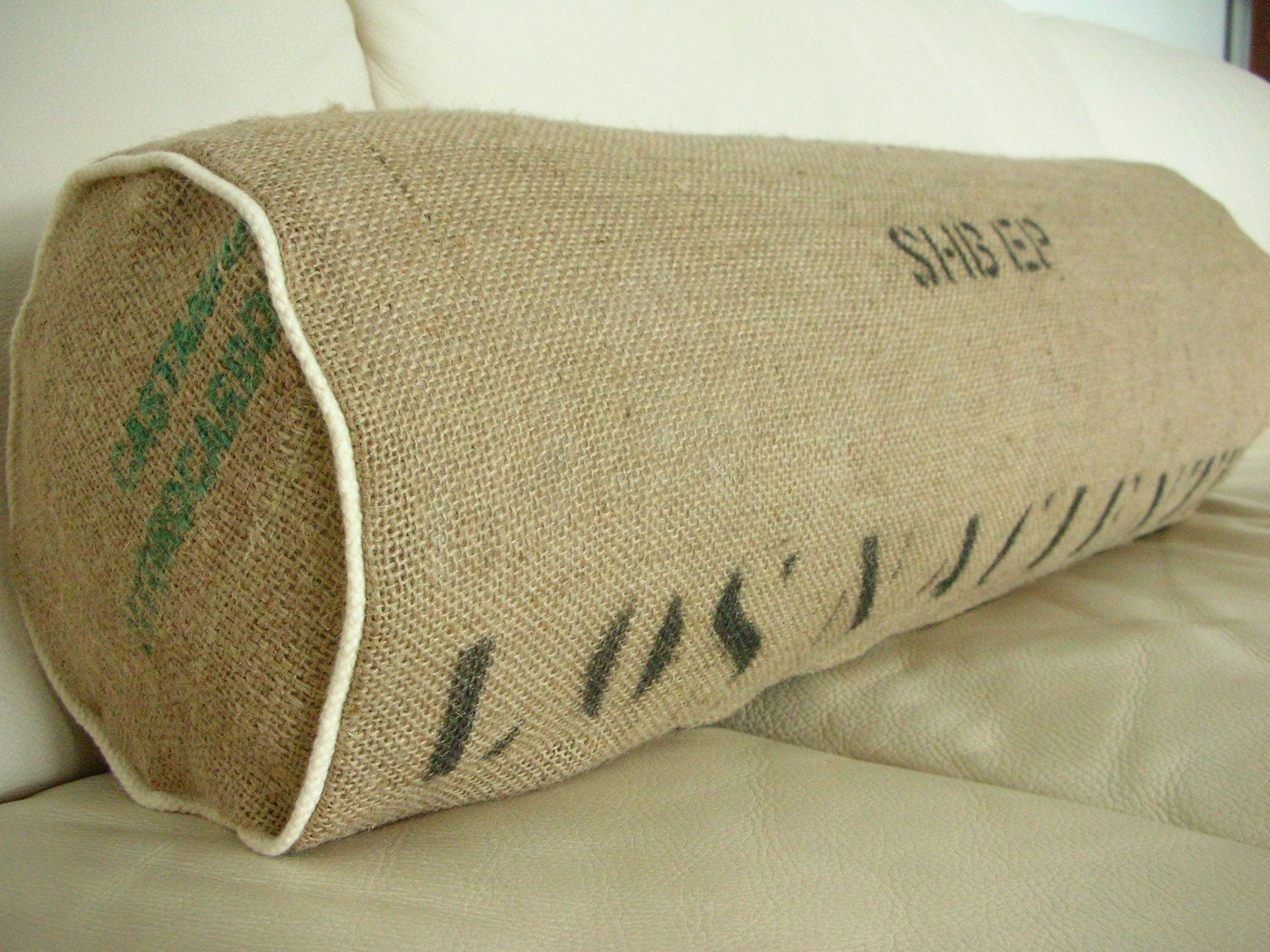 Large Repurposed Burlap Coffee Sack Bolster with Cotton Piping