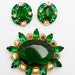 Vintage Brooch Earrings Emerald Green Rhinestones