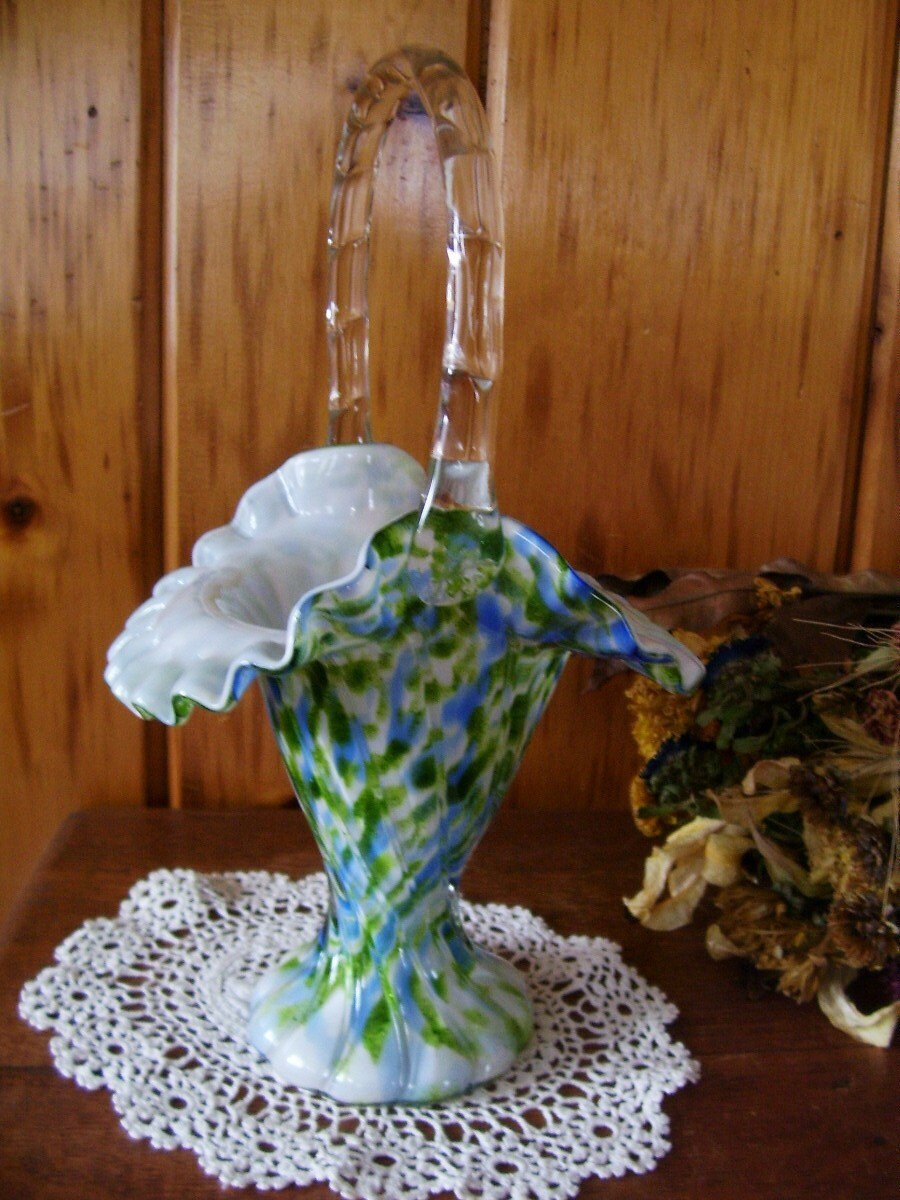 Antique Fenton Glass Basket Vasa Murrhina by stonecottagemill