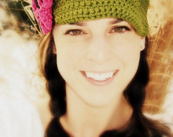 Me and You Cotton Newsboy Hat with Visor Brim Olive Green Fuchsia Pink - Size Teen or Adult