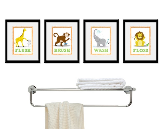 Kids Bathroom Wall Art - Four 8 x 10 Bathroom Jungle Safari Prints. Bathroom Rules -  Wash, Brush, Flush, & Floss, Children's Wall Decor