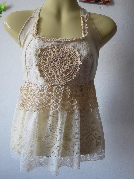 vintage inspired ivory lace baby doll halter top....