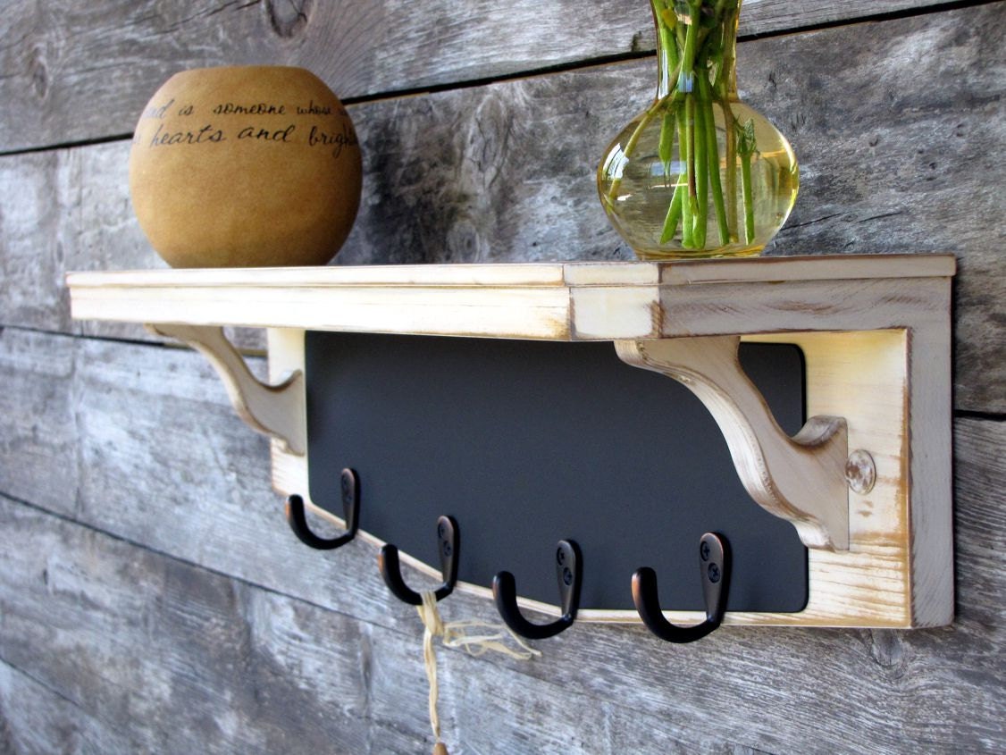Distressed Coat Rack Chalkboard Wooden Shelf Cottage Chic