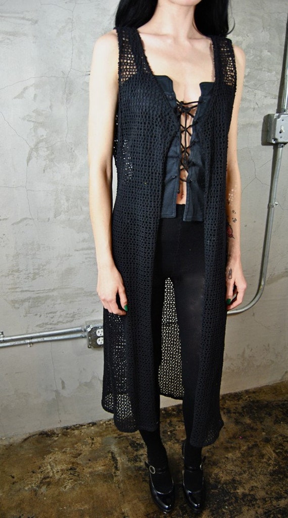 Black sheer netted long duster vest women's by youngandukraine