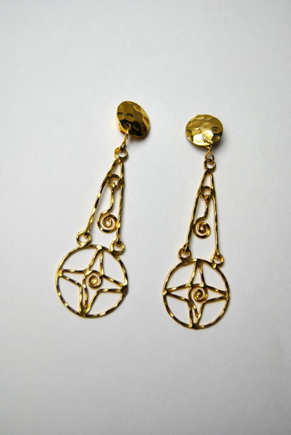 vintage earrings 1980's tribal symbol dangle by youngandukraine