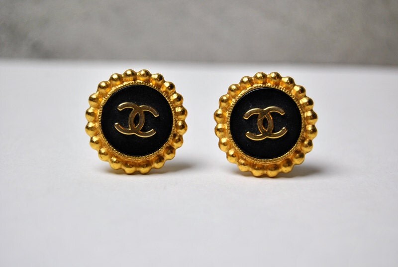 vintage CHANEL earrings black and gold clip on by youngandukraine