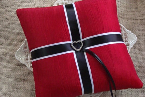 Wedding Ring Bearer Pillow - Crystal Heart Buckle on Red Tafetta - February / Valentines Wedding