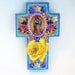 CLEARANCE // Spring sale on sale // Vintage rustic image of Virgin mary // Our Lady of Guadalupe on purple and blue cross with yellow rose