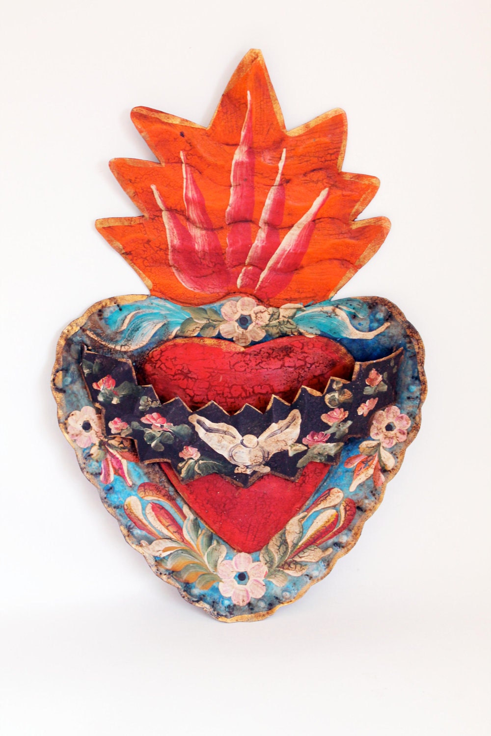 Vintage Tin sacred heart Mexican wall art multicolored