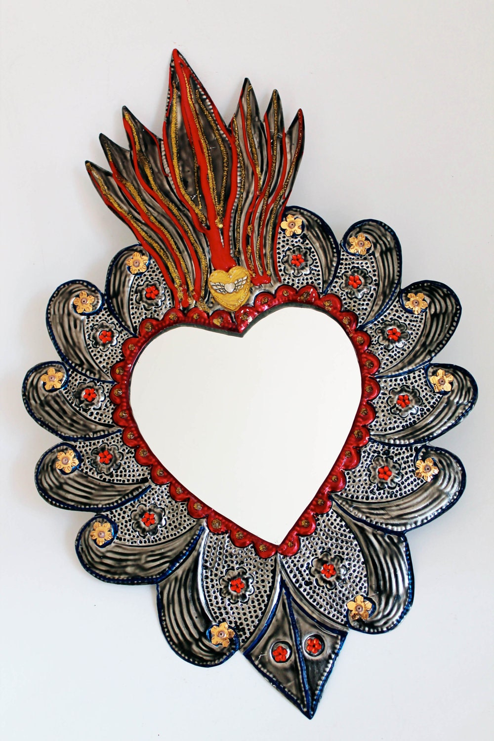 Sacred Heart tin metal mirror / Mexican folk art / hammered