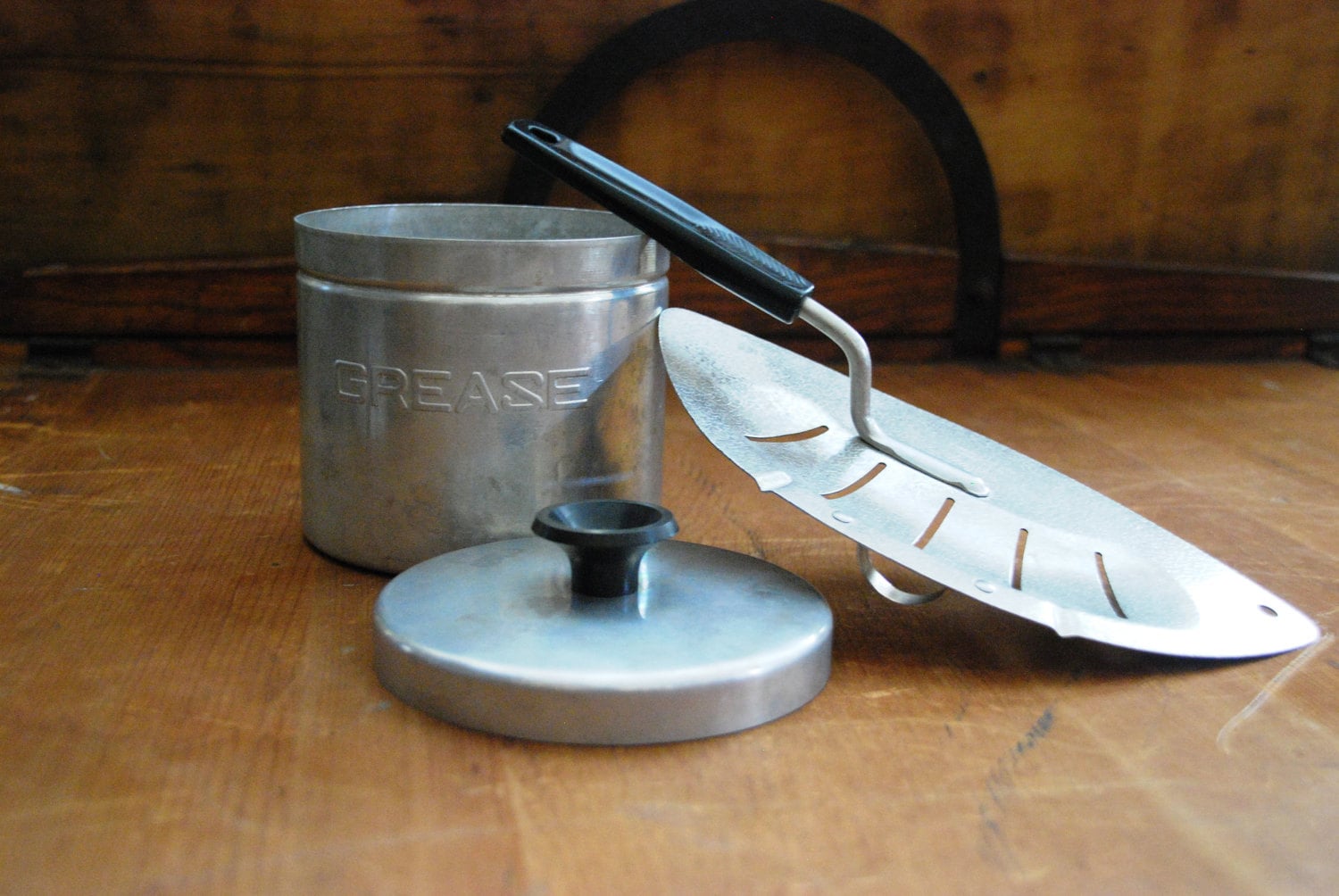 Vintage Tin Grease Canister and Strainer Set