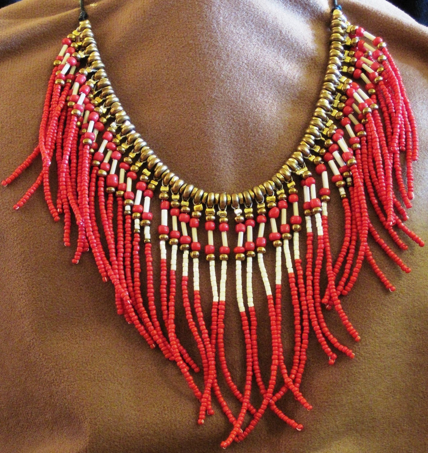 Native American style fringed necklace in red cream and gold