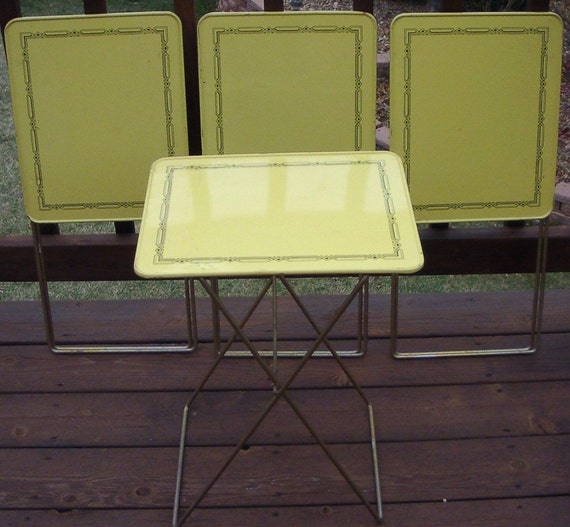 Vintage Sunny Yellow Metal TV Tray Tables Set of 4 Durham