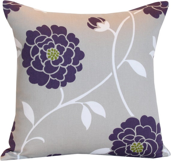 Throw Pillow 16x16 . Flowers with Stripes . Purple