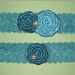 Turquoise Lace and Satin Rosettes Garter with Rhinestones Bridal Garter Set of Two - Ready To Ship