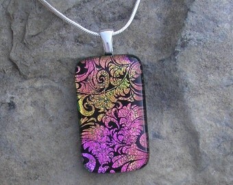 Rainbow Plume Necklace Fused Dichroic Glass Pink Pendant