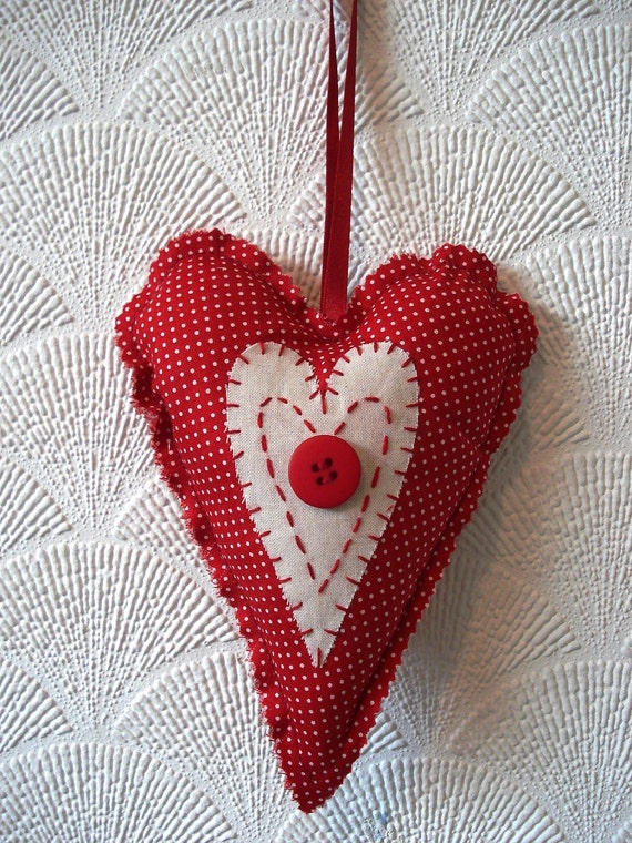 Items similar to Red PinDot Fabric Heart with Calico Heart Detail