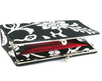 Black and White Floral Print Clutch Handbag - Red Silk Lining