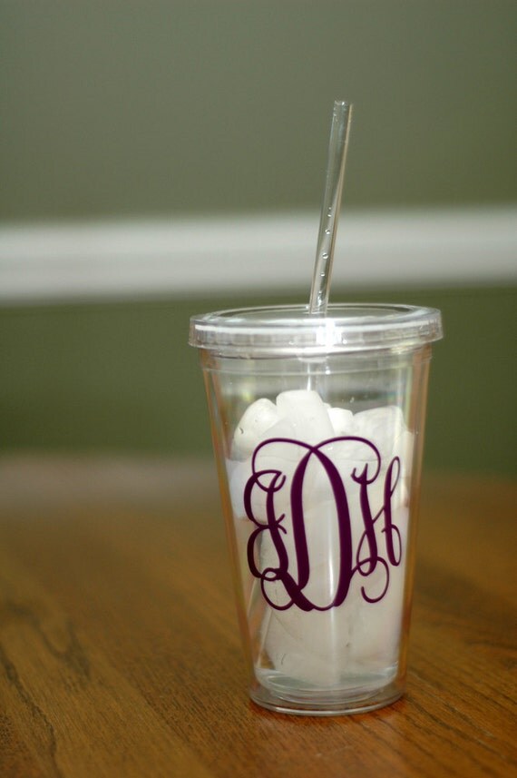 Monogrammed Double Insulated Plastic Cup with Lid and Straw
