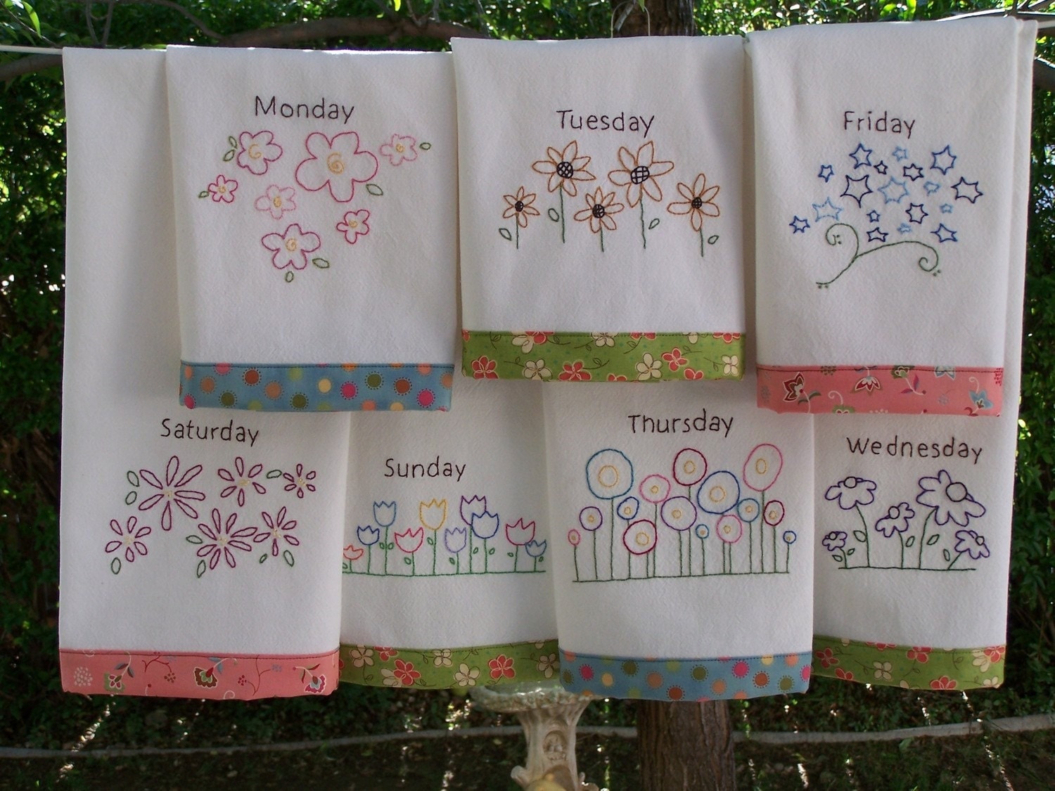 Flower Tea Towels Hand Embroidery Pattern..Great In Red Work