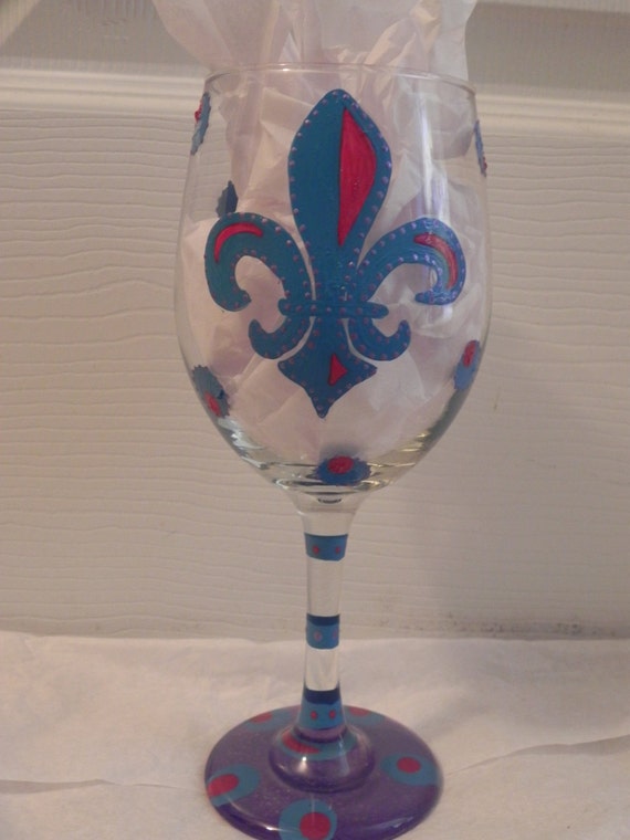 Fleur De Lis Wine Glass, Fleur de leis, New Orleans Wine glass, Custom painted wine glass