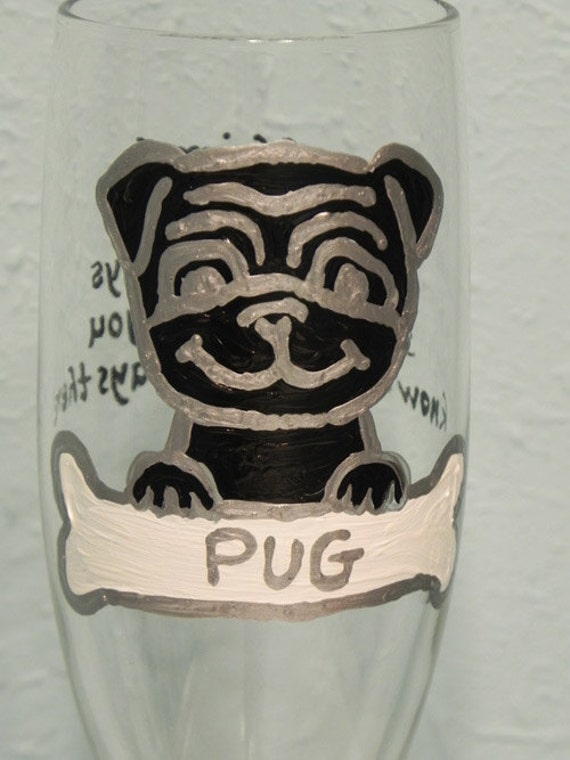 Pug with dog bone Dog custom painted champagne flutes