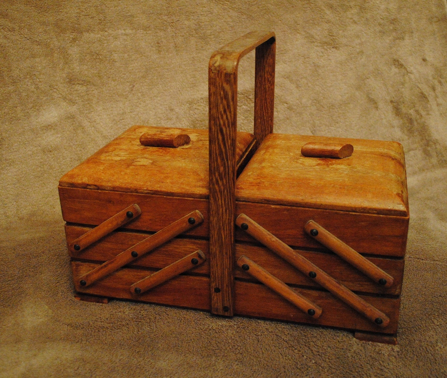 Vintage folding tray section wooden sewing box