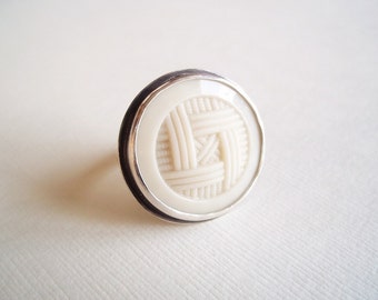 Statement Jewelry. Vintage Glass Plaid Button in Sterling Silver Ring. Recycled Jewelry