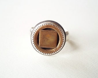 Mens Ring. Vintage Copper Button in Sterling Silver. Recycled Jewelry