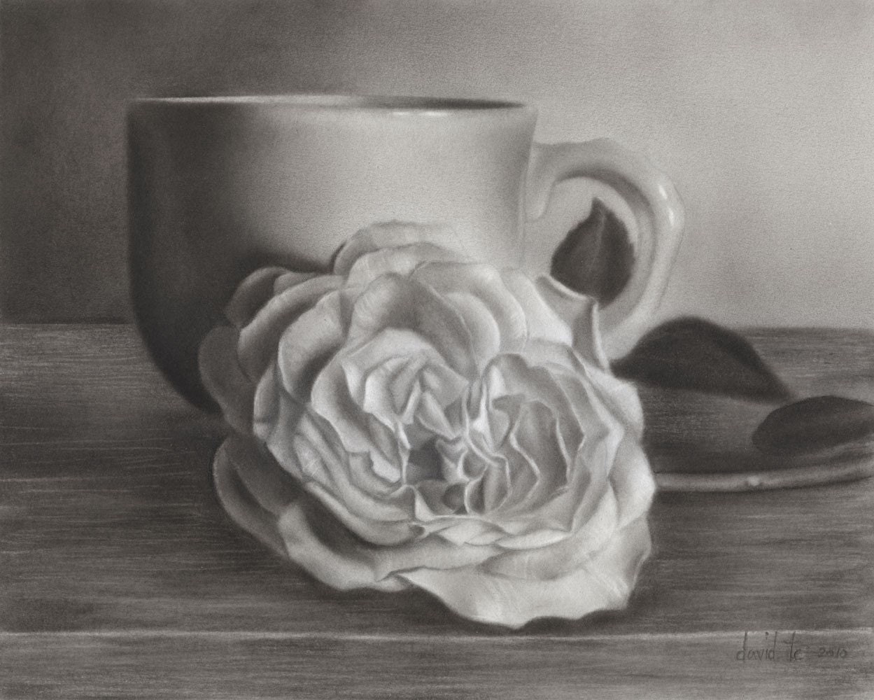 Cup o Rose 7.5x6 Realistic Flower Charcoal Drawing