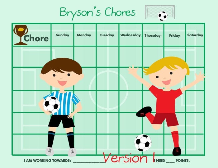 PERSONALIZED Chore Chart For Children Soccer 4 Versions