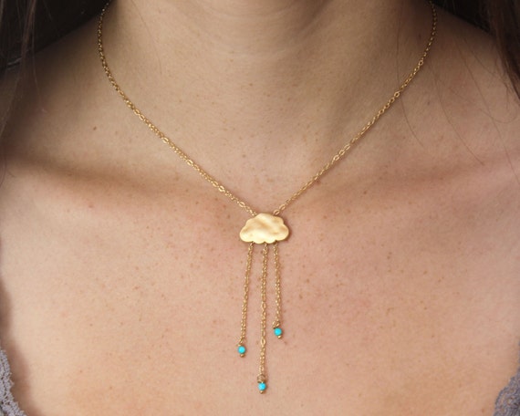 Fall Sale. Rain cloud necklace  English Rain. Gold cloud necklace.  Turquoise rain necklace with tiny turquoise beads