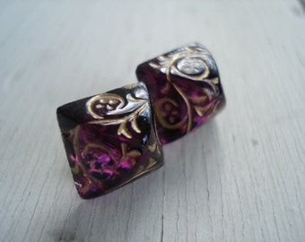 Vintage Purple Etched with Gold Pyramid Glass Cabochons Stud Pierced Earrings