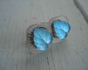 Vintage Antique Lalique Inspired Frosted and Aqua Foiled Luminous Glass Cabochons Stud Pierced Earrings