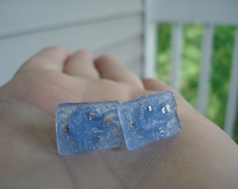 Vintage Blue Carved Glass Cabochons Stud Pierced Earrings Japan Flying Bird
